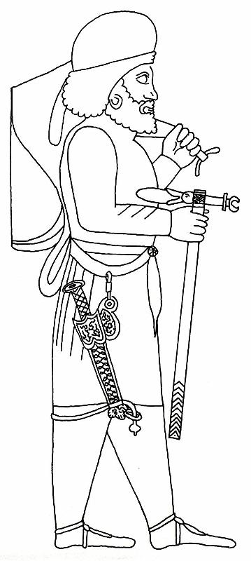 Zeremonialwaffen des Dareios (Persep)T25.jpg - Der sog. Waffenträger des Darius in Persepolis hat die 'normalen' Reiterwaffen Bogentasche (Goryt) und Kurzschwert (Akinakes), jedoch in besonderer Ausfertigung und Tragweise. Hinzu kommt eine Sakralaxt, die in ihrer außergewöhnlichen Ausführung ansonsten nirgends gezeigt wird. Dies verfestigt die Annahme, dass hier der Waffenträger des Darius zu sehen ist. Nicht unwahrscheinlich also, dass er auch Sarapis und Anaxyrides des Darius trug.